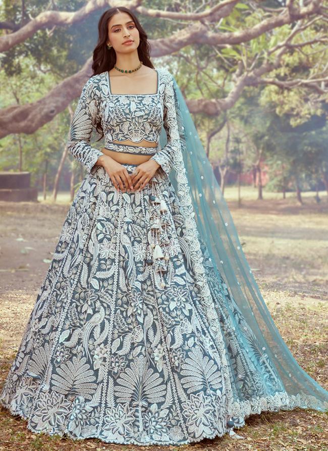 Sattin Teal Wedding Wear Stone Beads Work Lehenga Choli